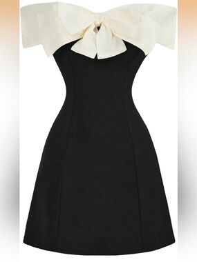 Classic Black Fit-and-Flare Dress with Ivory Bow Detail